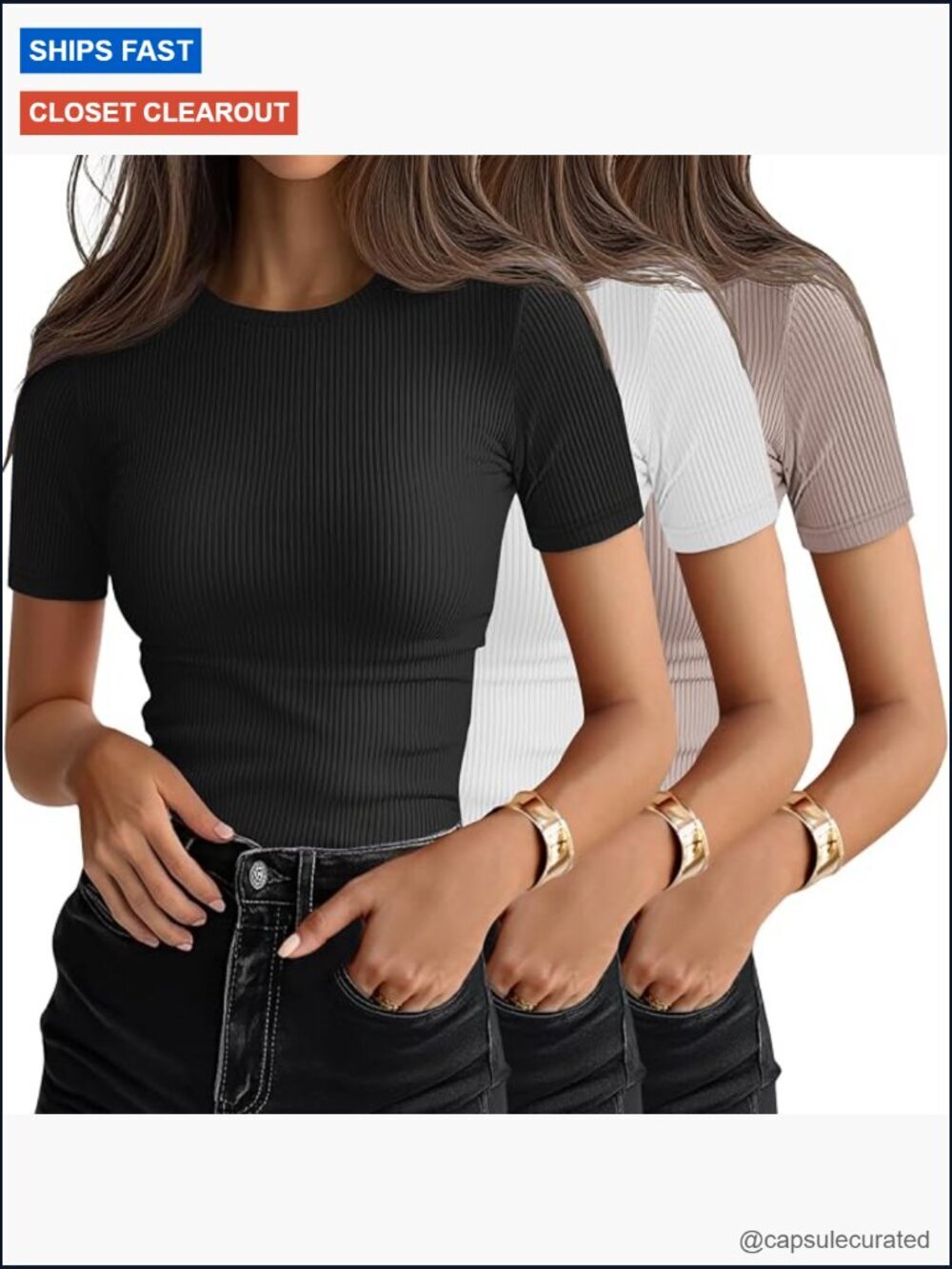 3 Pack Ribbed Short Sleeve Tees, Slim Fit Cotton T-Shirts for Women